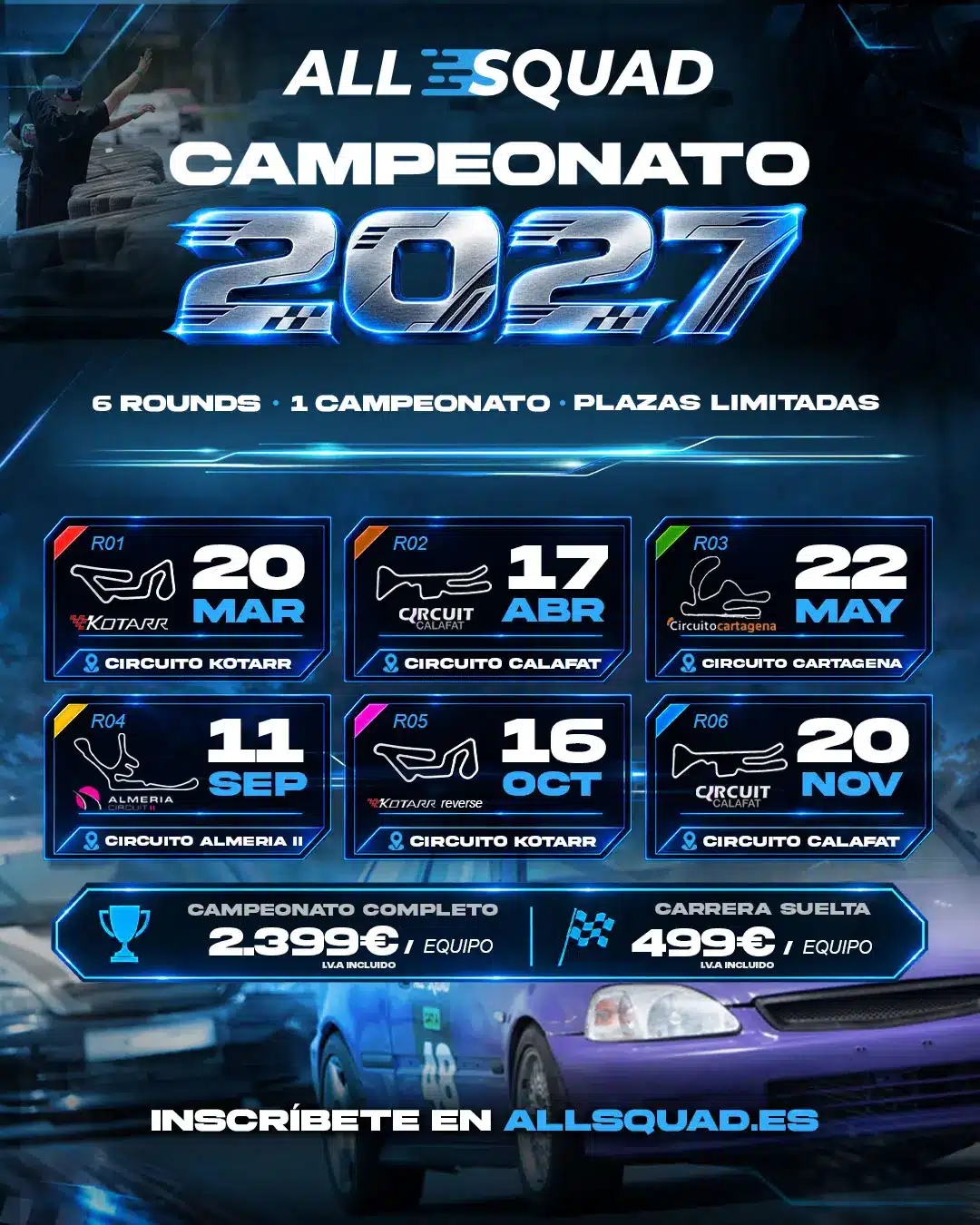 Cartel del Campeonato Social 2027 de Allsquad: corre con la parrilla llena